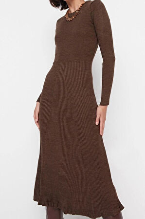 Moda Slim Casual Günlük Tek Plaka Triko Bisiklet Yaka Uzun Kol Bodycone Midi Boy Elbise