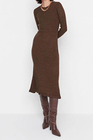 Moda Slim Casual Günlük Tek Plaka Triko Bisiklet Yaka Uzun Kol Bodycone Midi Boy Elbise