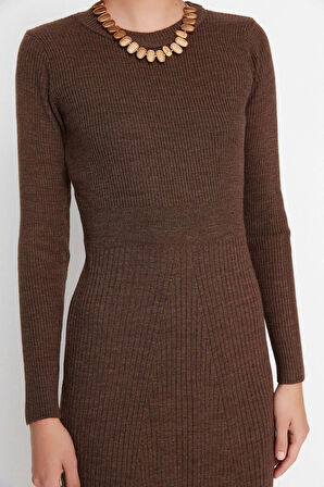 Moda Slim Casual Günlük Tek Plaka Triko Bisiklet Yaka Uzun Kol Bodycone Midi Boy Elbise