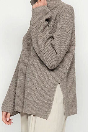 Stil Modern Kadın Regular Düşük Kol Dik Yaka Geniş Kalıp Triko Kazak