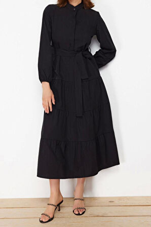 Moda Rahat Casual Günlük Terrycotton Dokuma Dik Yaka Uzun Kol Basic Maxi Boy Tesettür Elbise