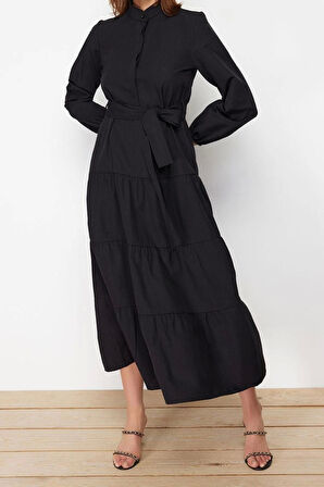 Moda Rahat Casual Günlük Terrycotton Dokuma Dik Yaka Uzun Kol Basic Maxi Boy Tesettür Elbise