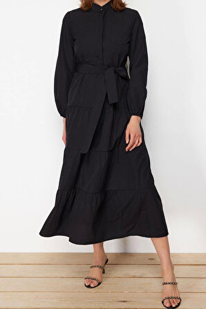 Moda Rahat Casual Günlük Terrycotton Dokuma Dik Yaka Uzun Kol Basic Maxi Boy Tesettür Elbise