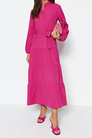 Moda Rahat Casual Günlük Terrycotton Dokuma Dik Yaka Uzun Kol Basic Maxi Boy Tesettür Elbise