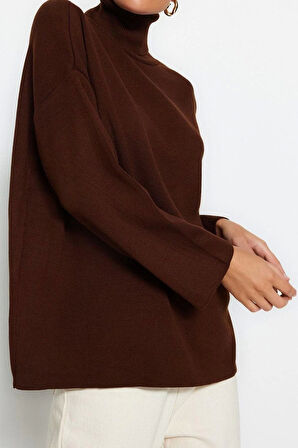 Kadın Modern Tarz Rahat Uzun Balıkçı Yaka Düz Kol Regular Triko Kazak