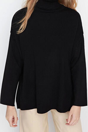 Kadın Modern Tarz Rahat Uzun Balıkçı Yaka Düz Kol Regular Triko Kazak