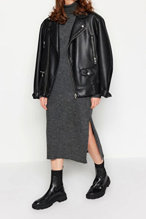 Moda Oversize Casual Günlük Dolu İğne Triko Balıkçı Yaka Uzun Kol Shift Midi Boy Elbise