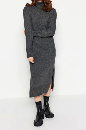 Moda Oversize Casual Günlük Dolu İğne Triko Balıkçı Yaka Uzun Kol Shift Midi Boy Elbise