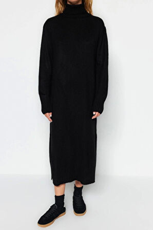 Moda Oversize Casual Günlük Dolu İğne Triko Balıkçı Yaka Uzun Kol Shift Midi Boy Elbise