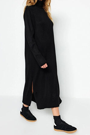 Moda Oversize Casual Günlük Dolu İğne Triko Balıkçı Yaka Uzun Kol Shift Midi Boy Elbise