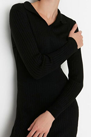 Moda Slim Casual Günlük Fitilli Triko Polo Yaka Uzun Kol Bodycone Midi Boy Elbise