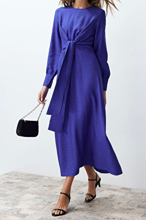 Moda Regular Casual Günlük Aerobin Dokuma V Yaka Uzun Kol A-Line Midi Boy Tesettür Elbise