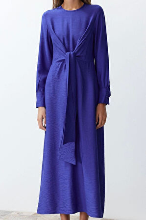 Moda Regular Casual Günlük Aerobin Dokuma V Yaka Uzun Kol A-Line Midi Boy Tesettür Elbise