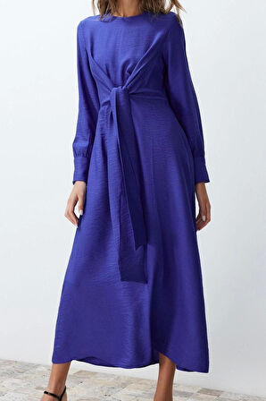 Moda Regular Casual Günlük Aerobin Dokuma V Yaka Uzun Kol A-Line Midi Boy Tesettür Elbise