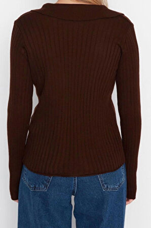 Kadın Modern Tarz Rahat Uzun Polo Yaka Düz Kol Regular Triko Kazak