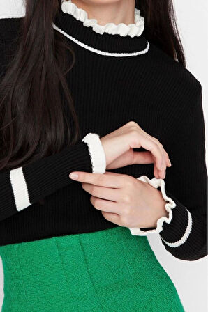 Kadın Modern Tarz Rahat Uzun Dik Yaka Renk Bloklu Kol Regular Triko Kazak