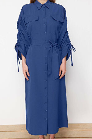 Moda Casual Günlük Terrycotton Dokuma Gömlek Yaka Uzun Kol Gömlek Elbise Maxi Boy Tesettür Elbise