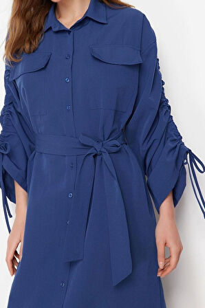 Moda Casual Günlük Terrycotton Dokuma Gömlek Yaka Uzun Kol Gömlek Elbise Maxi Boy Tesettür Elbise