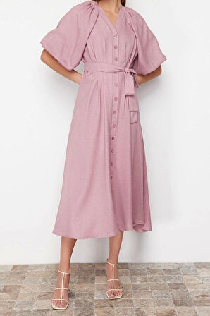 Moda Regular Günlük Keten Görünümlü Dokuma V Yaka Truvakar Kol Kol A-Line Maxi Boy Tesettür Elbise