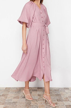 Moda Regular Günlük Keten Görünümlü Dokuma V Yaka Truvakar Kol Kol A-Line Maxi Boy Tesettür Elbise