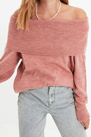 Kadın Modern Tarz Rahat Uzun Carmen Yaka Düz Kol Regular Triko Kazak