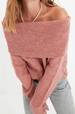 Kadın Modern Tarz Rahat Uzun Carmen Yaka Düz Kol Regular Triko Kazak