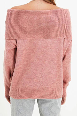 Kadın Modern Tarz Rahat Uzun Carmen Yaka Düz Kol Regular Triko Kazak