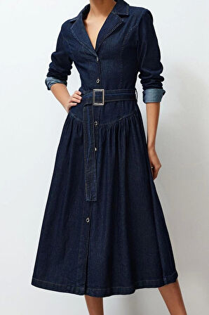 Moda Stil Oversize Gömlek Yaka Maxi Boy Kemerli Denim Elbise