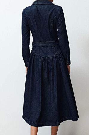Moda Stil Oversize Gömlek Yaka Maxi Boy Kemerli Denim Elbise