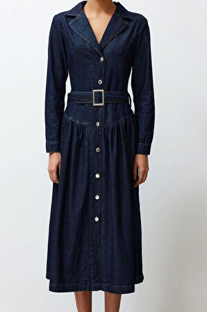 Moda Stil Oversize Gömlek Yaka Maxi Boy Kemerli Denim Elbise