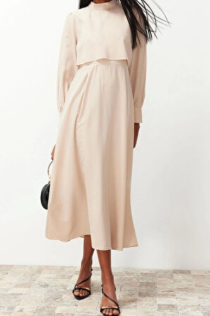 Moda Regular Casual Günlük Terryviskon Dokuma Dik Yaka Uzun Kol A-Line Maxi Boy Tesettür Elbise