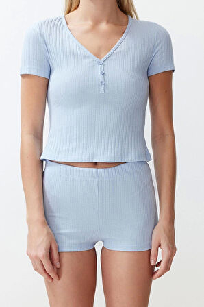 Tarz Rahat Kısa Kollu Dar Paça Düğme Detaylı Fitilli Örme Pijama Takımı