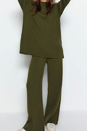 Moda Yüksek Bel Dik Yaka Düşük Kol Günlük Siyah Geniş Kalıp Basic Pantalonlu Triko Alt-Üst Takım