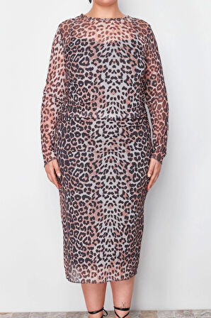 Moda Fit Casual Günlük Tül Örme Bisiklet Yaka Uzun Kol Bodycone Midi Boy Büyük Beden Elbise