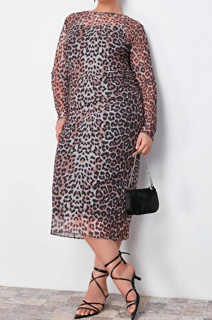 Moda Fit Casual Günlük Tül Örme Bisiklet Yaka Uzun Kol Bodycone Midi Boy Büyük Beden Elbise