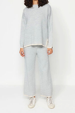 Moda Renk Bloklu Bisiklet Yaka Düşük Kol Günlük Geniş Kalıp Kontrast Renkli Triko Alt-Üst Takım