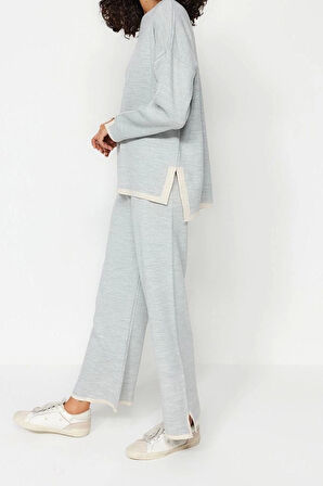 Moda Renk Bloklu Bisiklet Yaka Düşük Kol Günlük Geniş Kalıp Kontrast Renkli Triko Alt-Üst Takım