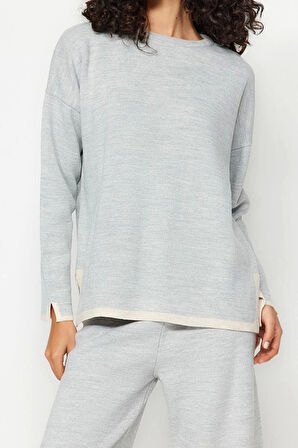 Moda Renk Bloklu Bisiklet Yaka Düşük Kol Günlük Geniş Kalıp Kontrast Renkli Triko Alt-Üst Takım