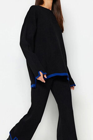 Moda Renk Bloklu Bisiklet Yaka Düşük Kol Günlük Geniş Kalıp Kontrast Renkli Triko Alt-Üst Takım