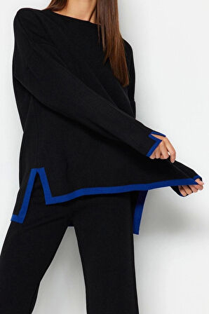 Moda Renk Bloklu Bisiklet Yaka Düşük Kol Günlük Geniş Kalıp Kontrast Renkli Triko Alt-Üst Takım