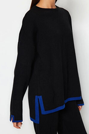 Moda Renk Bloklu Bisiklet Yaka Düşük Kol Günlük Geniş Kalıp Kontrast Renkli Triko Alt-Üst Takım