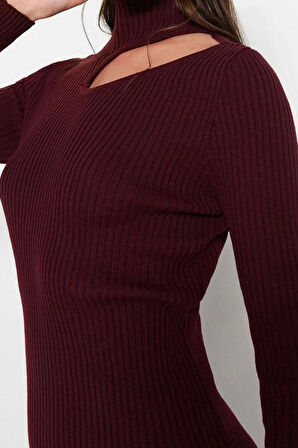 Moda Slim Casual Günlük Fitilli Triko Dik Yaka Uzun Kol Bodycone Midi Boy Elbise