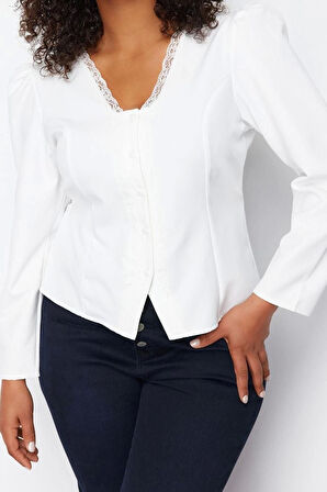 Moda Büyük Beden V Yaka Dokuma Fit Düz Desen Casual Günlük Regular Uzun Kol Bluz