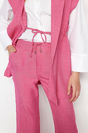 Moda Yüksek Bel Ceket Yaka Düşük Kol İçten Bağlamalı Keten Görünümlü Kimono-Pantolon Dokuma Takım