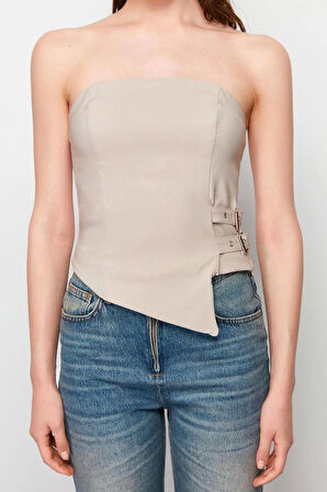 Moda Straplez Dokuma Fit Düz Desen Şık gece Regular Kolsuz Bluz