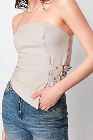 Moda Straplez Dokuma Fit Düz Desen Şık gece Regular Kolsuz Bluz