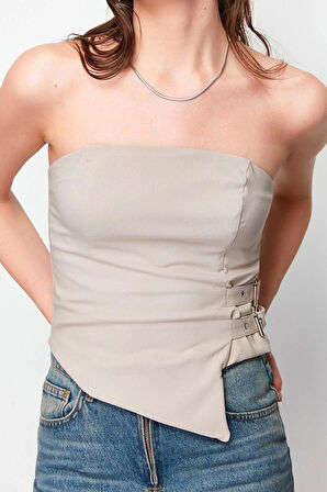 Moda Straplez Dokuma Fit Düz Desen Şık gece Regular Kolsuz Bluz