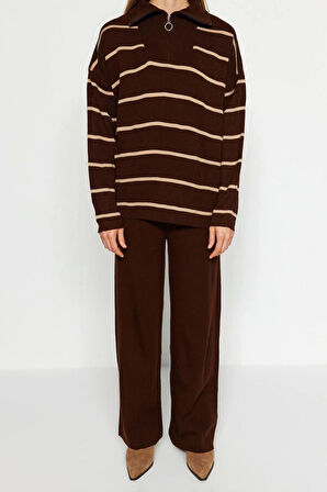 Moda Çizgili Dik Yaka Düşük Kol Casual Günlük Geniş Kalıp Fermuarlı Triko Alt-Üst Takım