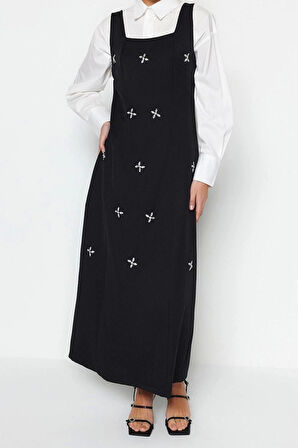 Moda Jile Casual Günlük Finike Dokuma Kare Yaka Kolsuz Kol Jile Maxi Boy Tesettür Elbise