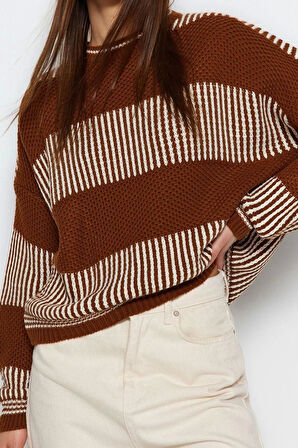 Kadın Modern Tarz Rahat Uzun Bisiklet Yaka Renk Bloklu Kol Regular Triko Kazak